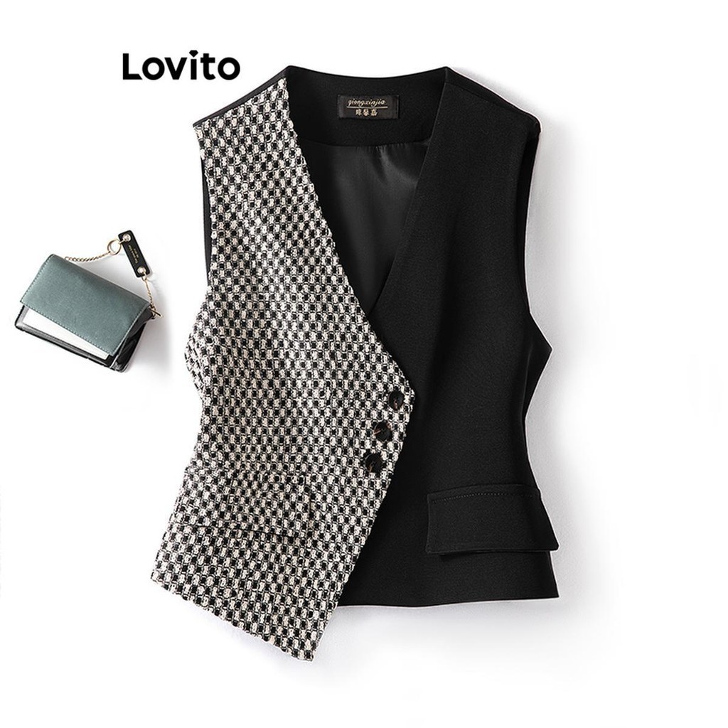 Lovito เสื้อเบลเซอร์ปุ่ม ฮาวด์สทูธ แบบสบาย ๆ สำหรับผู้หญิง LNL72293