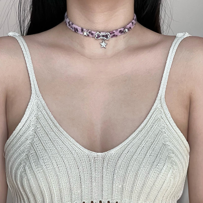 Y2k สร้อยคอพิมพ์ลายเสือดาวสีม่วงหญิง Star Collar choker แฟชั่นที่ไม่ซ้ําใคร