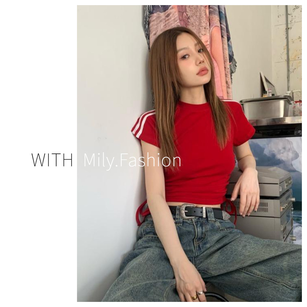 Milyfashion เสื้อยืด แขนสั้น สีแดง สไตล์อเมริกัน ย้อนยุค ฤดูร้อน เด็กผู้หญิง สายรัด เย็บ สลิมฟิต เสื้อครอป สั้น