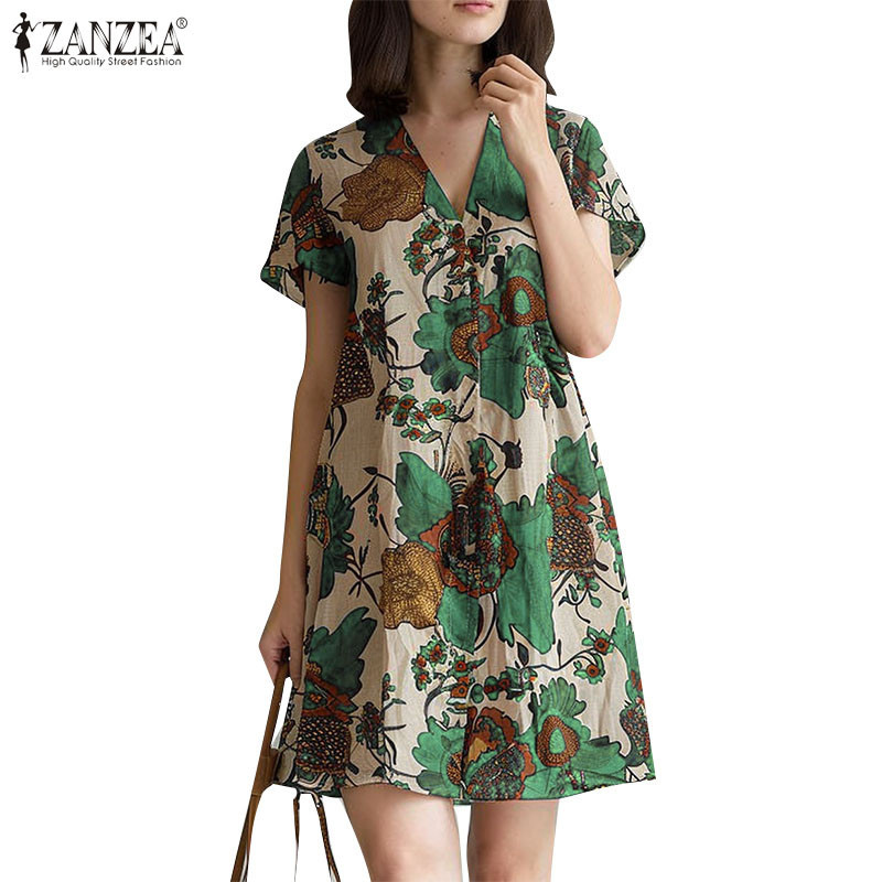 Zanzea ชุดเดรสแขนสั้นคอวีลําลองเกาหลีสําหรับผู้หญิง - รูปที่ 4