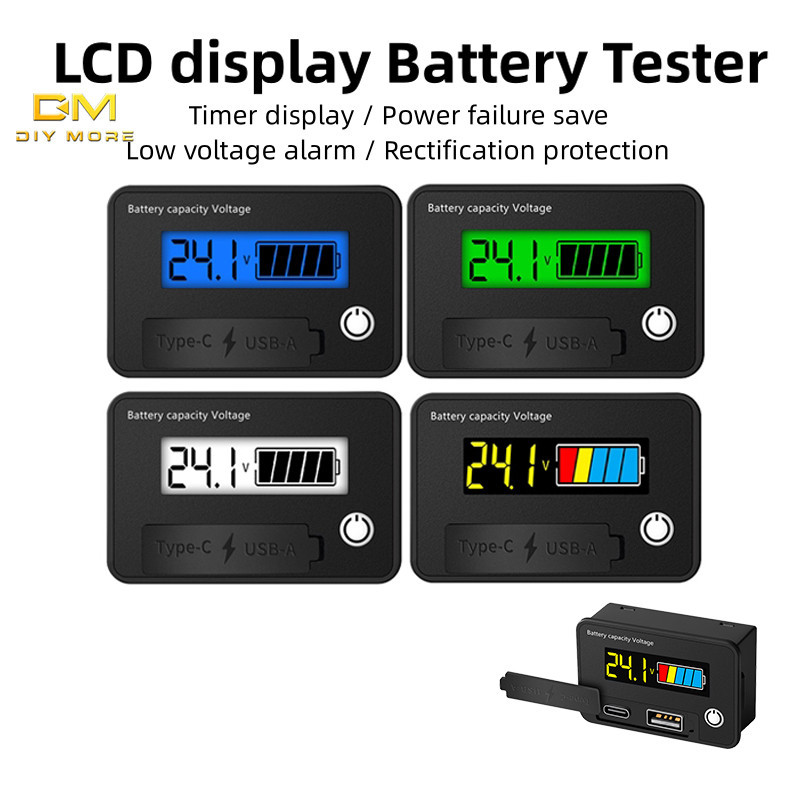 Diymore 6140B LCD เครื่องวัดแรงดันไฟฟ้าดิจิตอลแบตเตอรี่กรดแบตเตอรี่ลิเธียมตัวบ่งชี้ระดับย้อนกลับการเชื่อมต่อป้องกัน USB + Tpye-C เอาต์พุต DC 8 ~ 30V