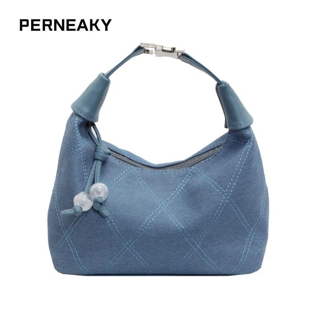 PERNEAKY กระเป๋าสะพายข้างสะพายข้าง,กระเป๋าถือสีทึบผ้ายีนส์นุ่ม,ลําลองแบบพกพาความจุขนาดใหญ่กระเป๋าบีบอัดสําหรับผู้หญิงหญิง