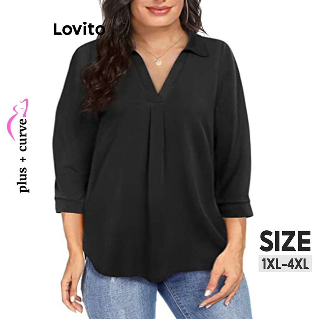 Lovito เสื้อเบลาส์สาวอวบ เข้ารูป คอปก สีพื้น สไตล์ลำลอง LNL62056