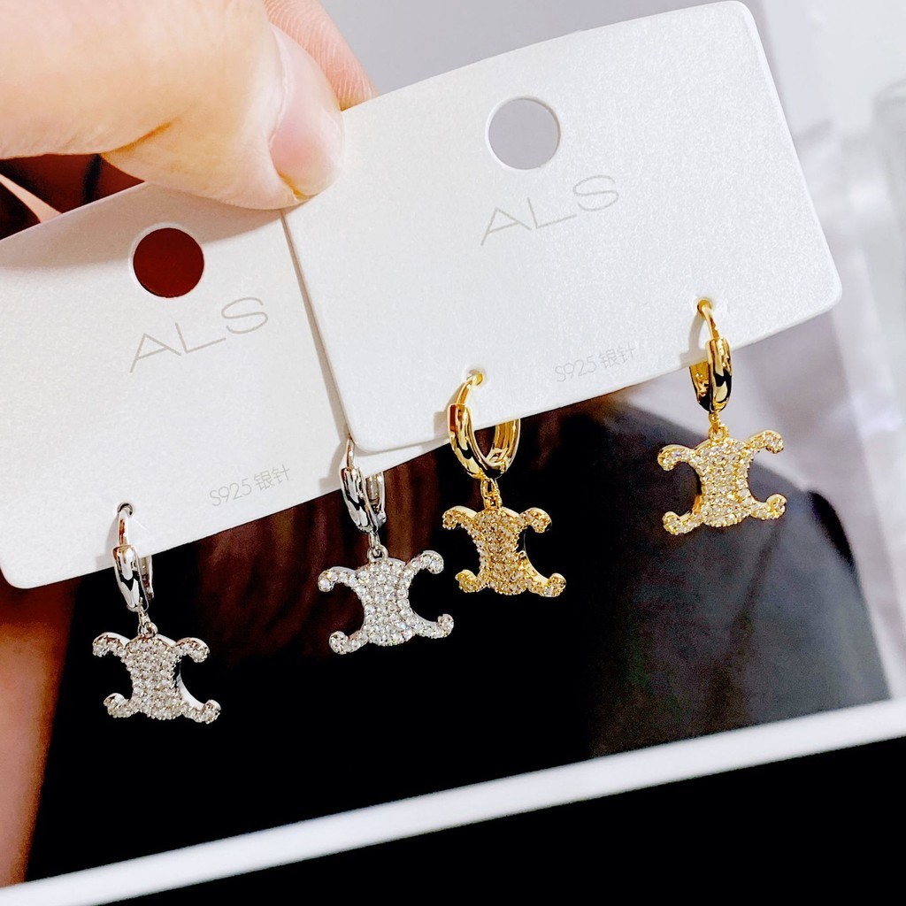 QUEENS ต่างหูทองแดงชุบ 18K ทองแท้ Micro-Inlaid เพชรเต็ม Arc de Triomphe ต่างหูสุภาพสตรีเครื่องประดับ E076