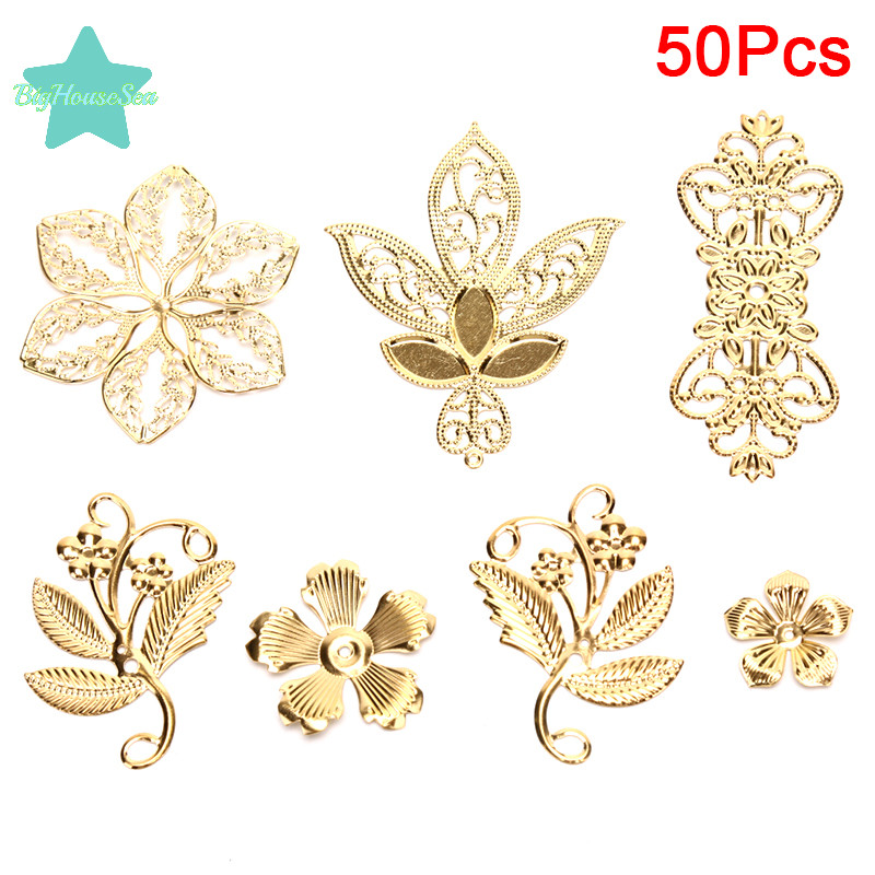 [BigHouseSea] 50 ชิ้น Vintage Metal Leaf Filigree ดอกไม้ Slice Ch DIY Craft เครื่องประดับทําใหม่