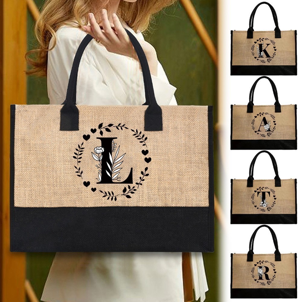 Jute Patchwork Bag กระเป๋าถือขนาดใหญ่,กระเป๋าช้อปปิ้งที่สะดวก,กระเป๋าชายหาดแฟชั่น,กระเป๋าเก็บของ Garland Letter Series