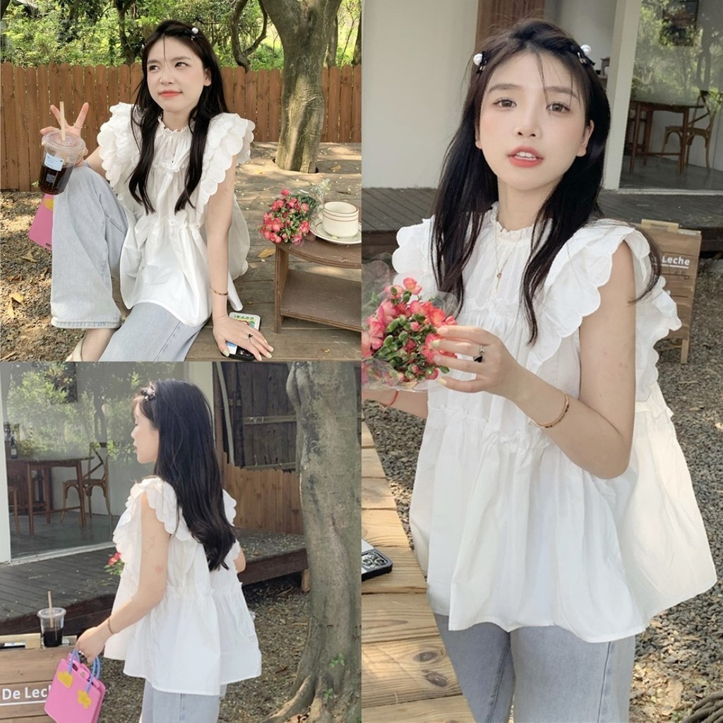 ราคาถูกที่สุด เสื้อเชิ้ตสีขาวแขนแต่งระบายชั้น คอกลม สีขาว ทรงใหญ่