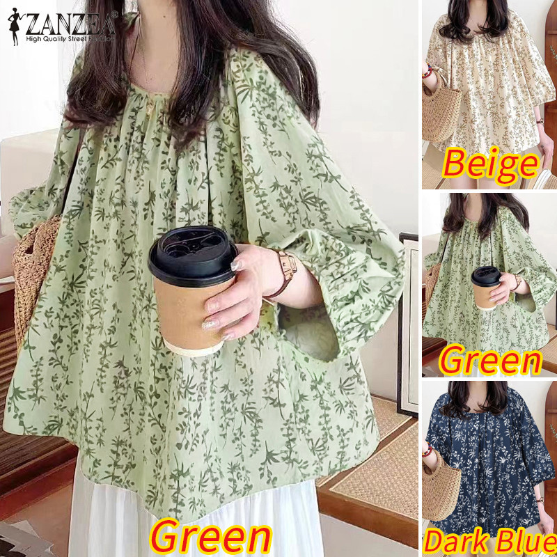 ZANZEA ซานเซีย ผู้หญิงเกาหลีเรียบง่ายรอบคอพิมพ์ดอกไม้จีบเสื้อหลวม — صورة 3