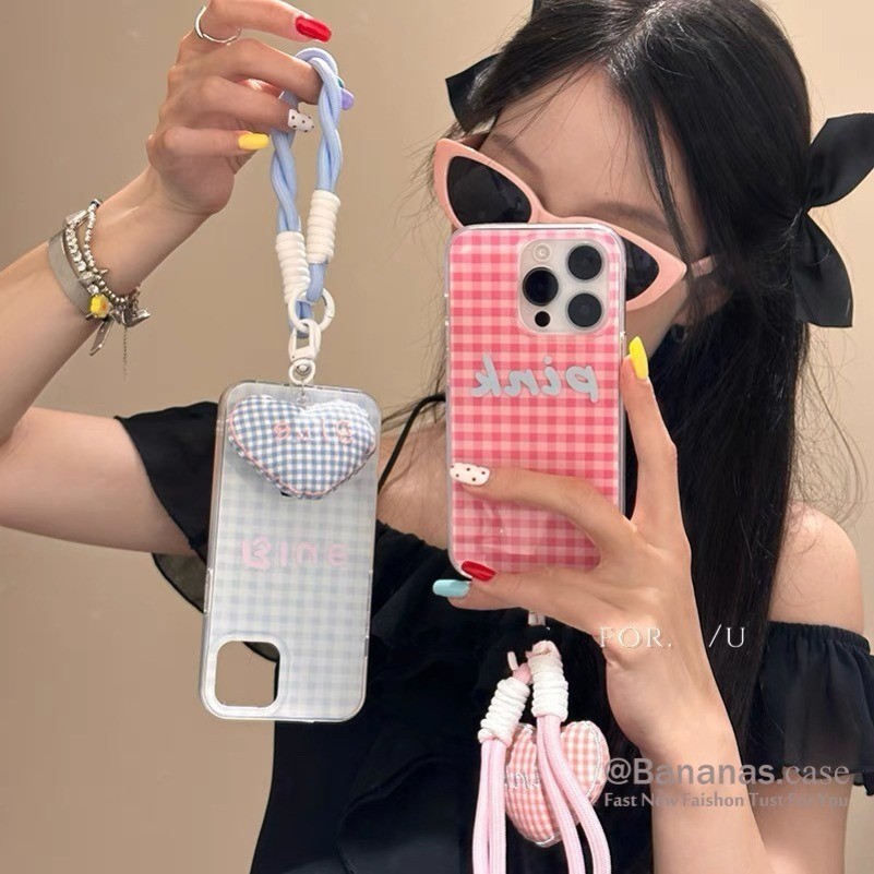 Iphone 15 14 13 12 11 Pro Max X Xr Xs Max 7 8 Plus SE2020 เคสโทรศัพท์รูปแบบตารางสีชมพู + Lanyard Clear Soft ฝาหลัง