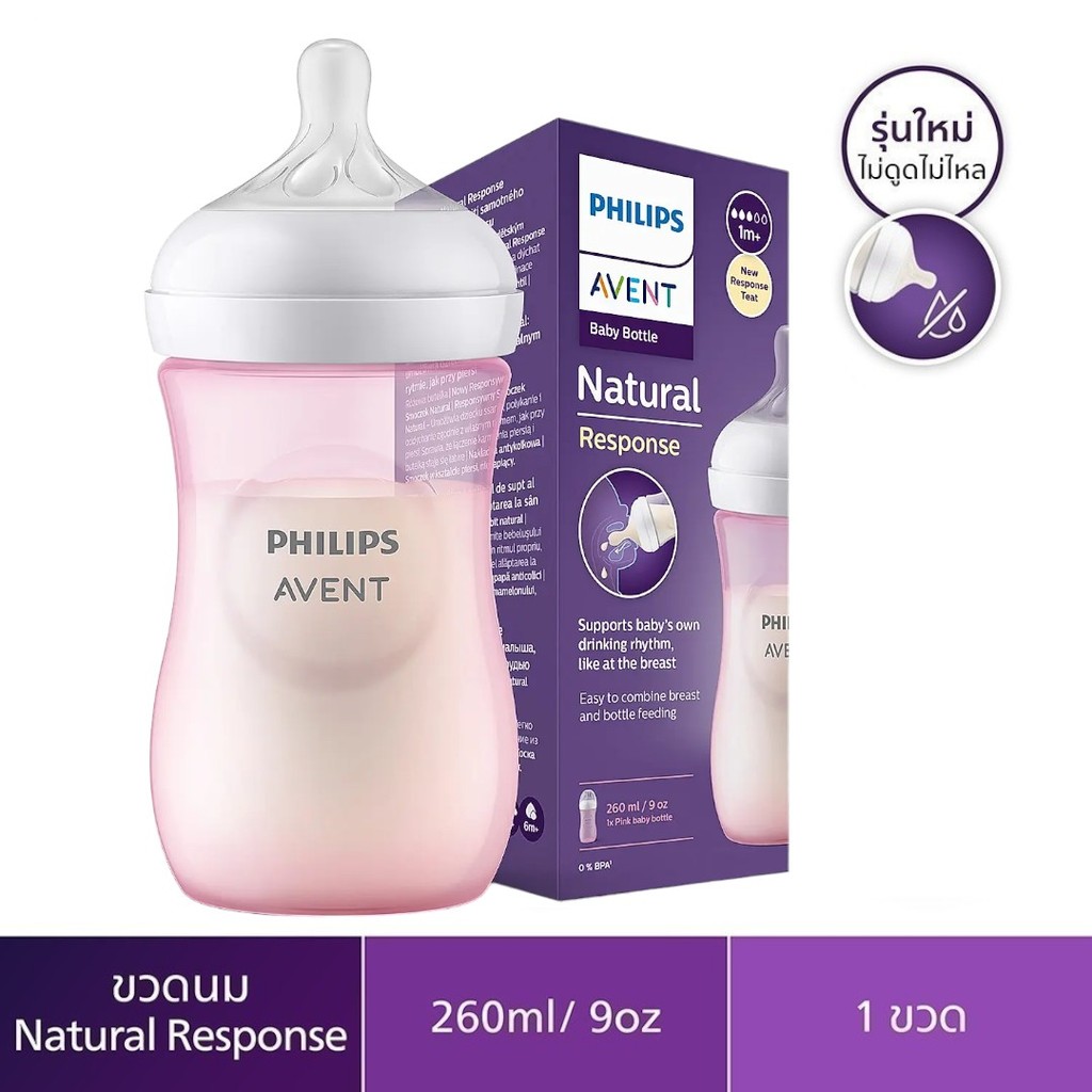 Philips Avent ขวดนมพร้อมจุกนมซิลิโคน รุ่นเนเชอร์รัล ขนาด 9 ออนซ์ จำนวน 1 ขวด (ขวดชมพู)