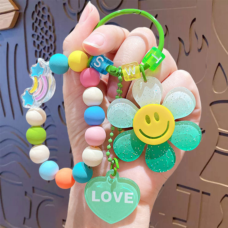 พวงกุญแจลูกปัดสีพลาสเทล พร้อมจี้ดอกไม้อะคริลิก พวงกุญแจดอกไม้ จี้ห้อยกระเป๋า - รูปที่ 7