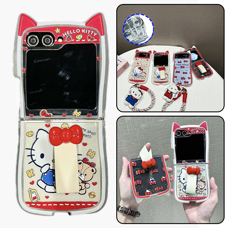 หูแมวเคสโทรศัพท์ซิลิโคน TPU แบบนุ่มพร้อมเชือกเส้นเล็กไนลอน Samsung Galaxy Z Flip 6 5 4 3 การพิมพ์ปลอกพร้อมจี้ตุ๊กตาสายรัดข้อมือแหวนฝาครอบ Flip6 Flip 5