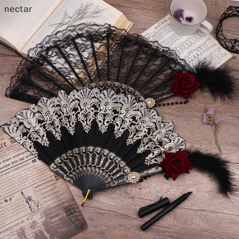 Tar Lolita พัดลม Feather Rose พัดลมพับสไตล์ยุโรป Retro Gold Plated ลูกไม้พัดลมหญิง Tea Party แฟนงานแต่งงานคอสเพลย์ Props N