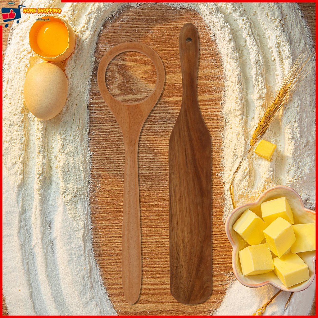 2 ชิ้นไม้แป้งปัดไม้พาย Heatproof Dough Mixer ไม้พายผสม Sourdough Whisk Spurtle แป้งปัดขนมปังเครื่องมือ SHOPTKC3063