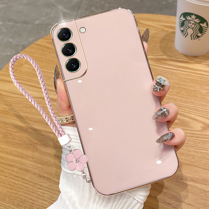 ปลอกสําหรับ Samsung Galaxy S22 S23 S24 Plus S22 S23 S24 Ultra S23 S24 FE S22 + S23 + S24 + Luxury Electroplated ตรงขอบซิลิโคนป้องกันโทรศัพท์ด้วยดอกไม้แขวนเชือก