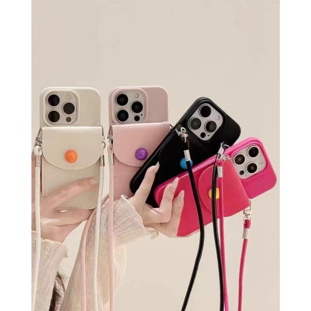 เกาหลีinsสีทึบกระเป๋าหนังเหมาะสําหรับiphone 11 12 13 14 15 16 Pro Max Plusเคสโทรศัพท์Crossbodyสายคล้องกระเป๋าสตรีเรียบง่ายSuperสวยSoft Shell