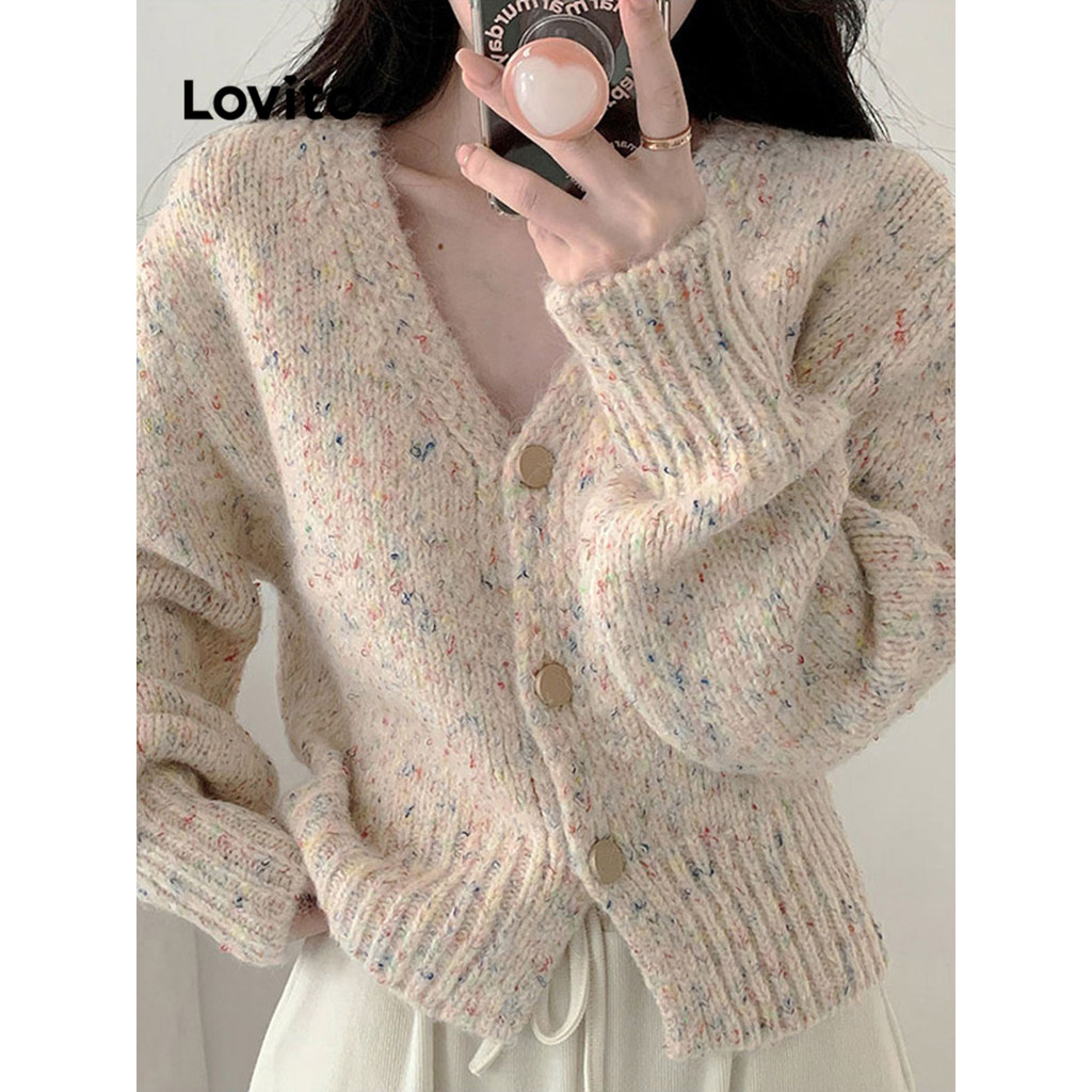 Lovito เสื้อคาร์ดิแกนกระดุมธรรมดาสำหรับผู้หญิง LNA77366