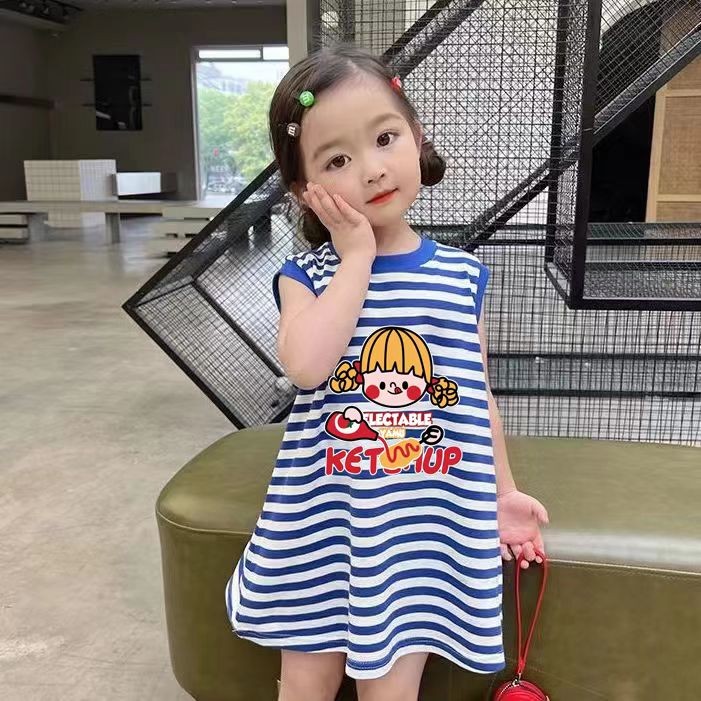 ชุดเดรสลายทางสําหรับเด็กผู้หญิงใหม่ชุดเดรสยาวปานกลางชุดเจ้าหญิงสไตล์ปีกด้านหลัง