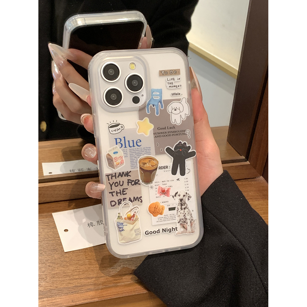 Huiwanju สไตล์ splicing กาแฟหนังสือพิมพ์ Dalmatian เหมาะสําหรับ iPhone15promax เคสโทรศัพท์มือถือ iPhone14pro matte micro-transparent 13/14 anti-drop รวมทุกอย่างเคสแข็ง 12