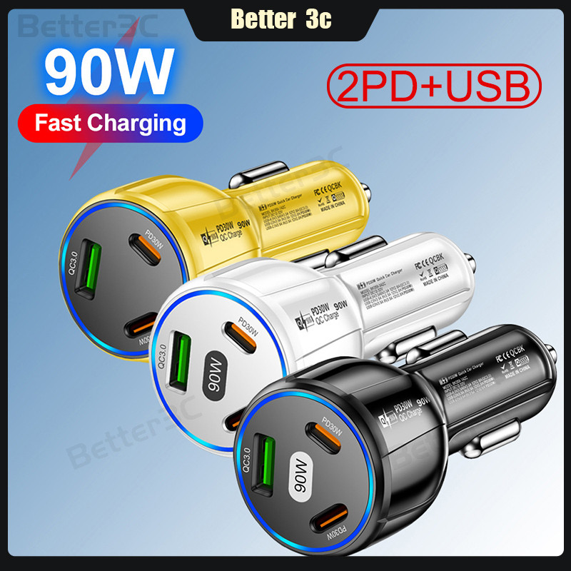 Pd30w + QC3.0 Fast chargimg ที่ชาร์จแบตในรถ 3 พอร์ตอะแดปเตอร์ไฟแช็กรถป้องกันหลายโทรศัพท์ประเภท c Travel ชาร์จเครื่องชาร์จสําหรับ ios micro