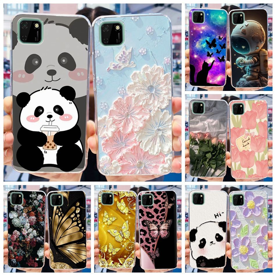 Huawei Y5P DRA-LX9 น่ารัก Panda ดอกไม้ทาสีกรณี Huawei Y5P 2020 ซิลิโคนอ่อนนุ่ม TPU เคสโทรศัพท์