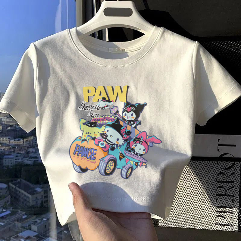 🎀07 การจัดส่งที่รวดเร็วcrop top🎀เสื้อเอวลอย แขนสั้น สไตล์เกาหลี สกรีนลายคิตตี้น่ารักเท่ๆ ผ้านิ่ม ใส่