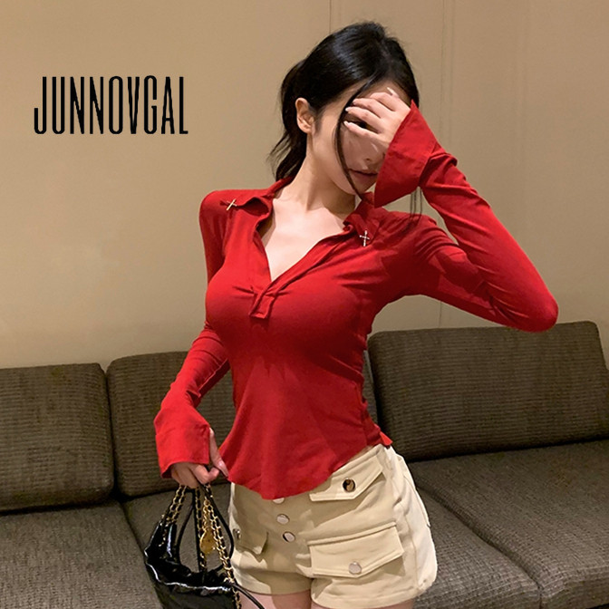 Junnovgal เสื้อโปโลผู้หญิงแขนยาว Slim Fit สีทึบ 2024 สไตล์ใหม่
