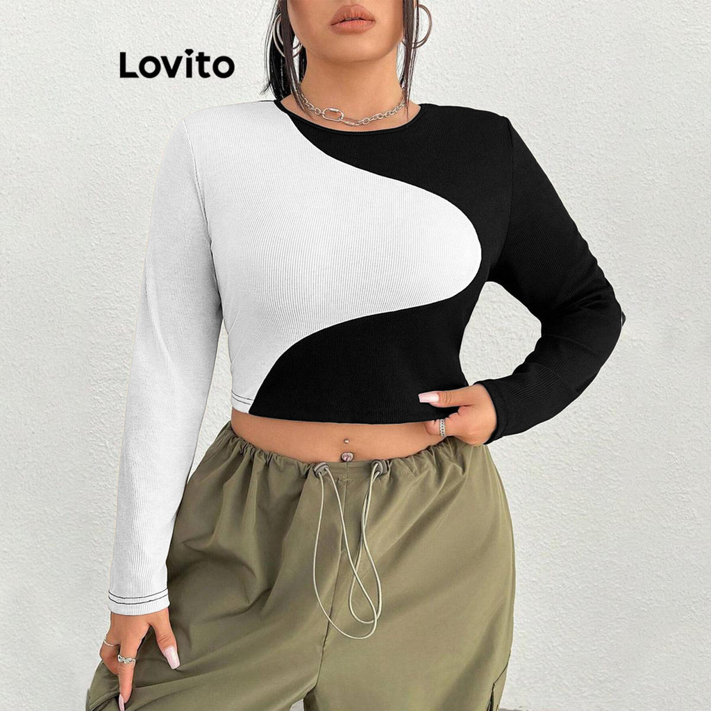 Lovito เสื้อยืดสาวอวบ คัลเลอร์บล็อก สีพื้น สไตล์ลำลอง LNL67268