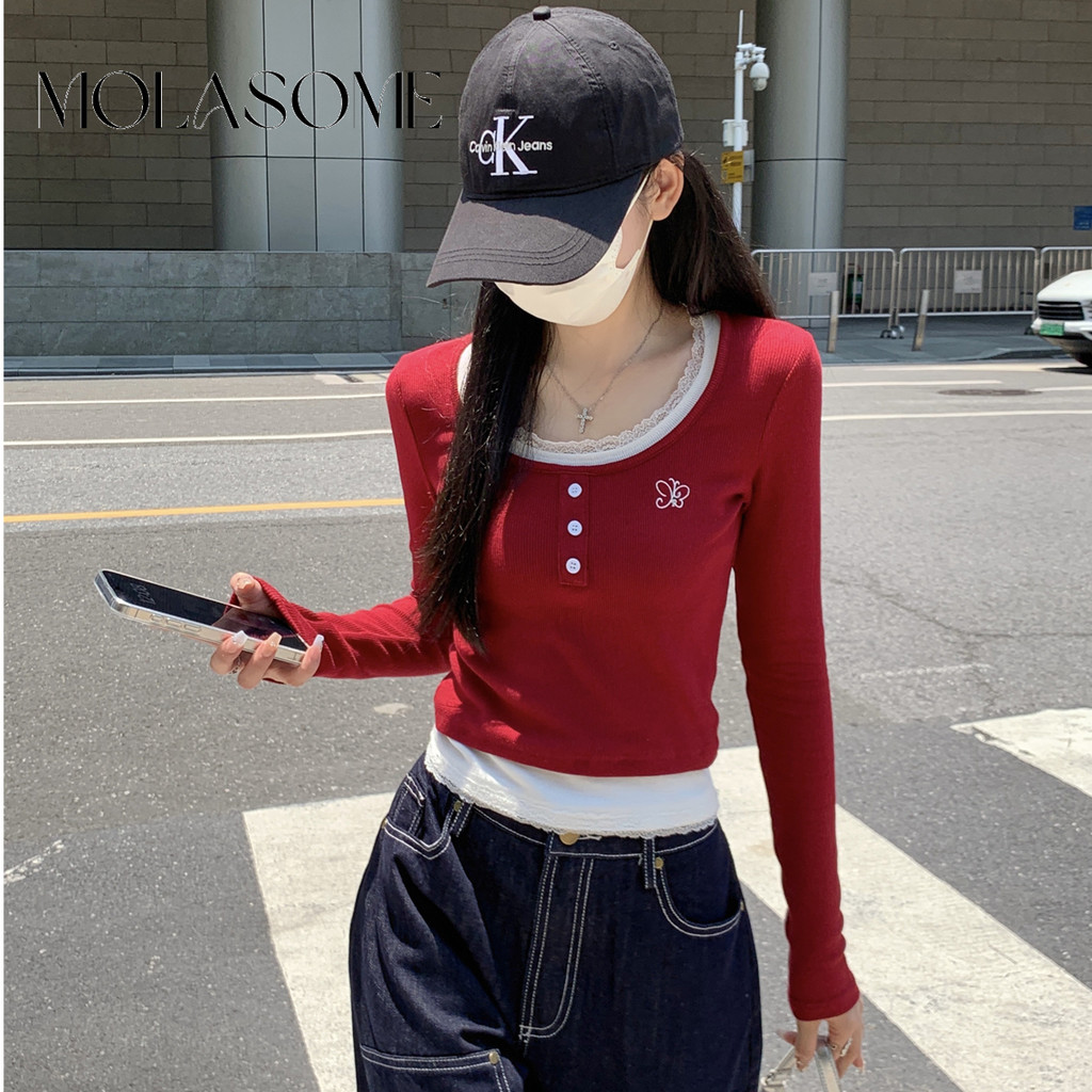 โมลาโซเมะ ผู้หญิง2024แฟชั่นใหม่สีคมชัดคอกลมแขนยาวสลิมฟิตเสื้อยืด