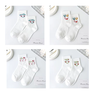 พร้อมส่ง : ถุงเท้า ข้อยาว 5 คู่ ขาวล้วน แต่งอิโมจิ ญี่ปุ่น เก๋ๆ ใส่ได้ทุกวัน แฟชั่น น่ารัก ผ้านุ่ม
