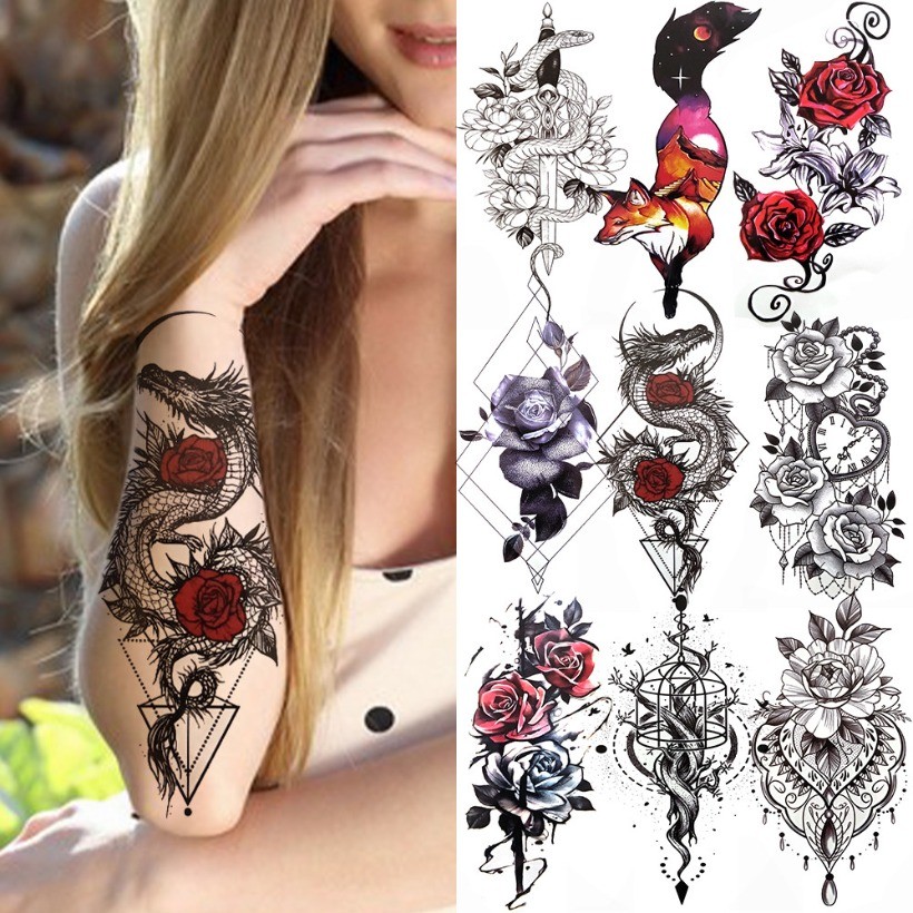 มังกรสีแดง Rose Tattoo สติกเกอร์ที่สมจริง Fox งูดาบเรขาคณิตชั่วคราว Tattoo สําหรับผู้หญิงปลอมโซ่ Black Tattoo ขายดี