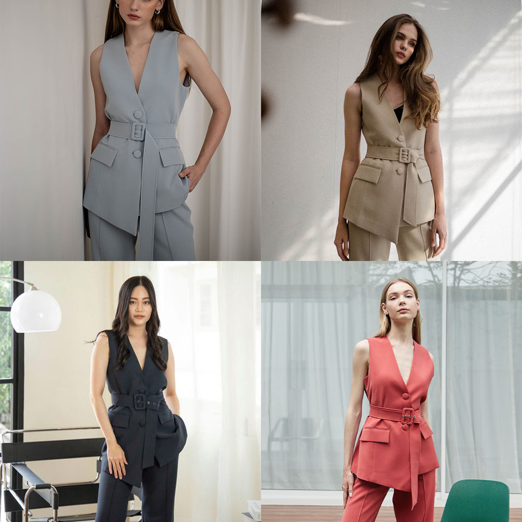 PITH SLEEVELESS BLAZER (4 สี) เสื้อเบลเซอร์ไร้ปก แขนกุดพร้อมเข็มขัด PREORDER 2 WEEKS