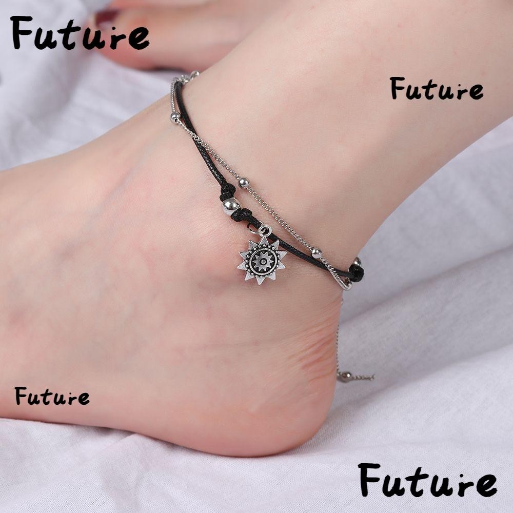 Future สร้อยข้อเท้าหนัง จี้รูปดวงอาทิตย์ หลายชั้น สไตล์วินเทจ แฟชั่นฤดูร้อน