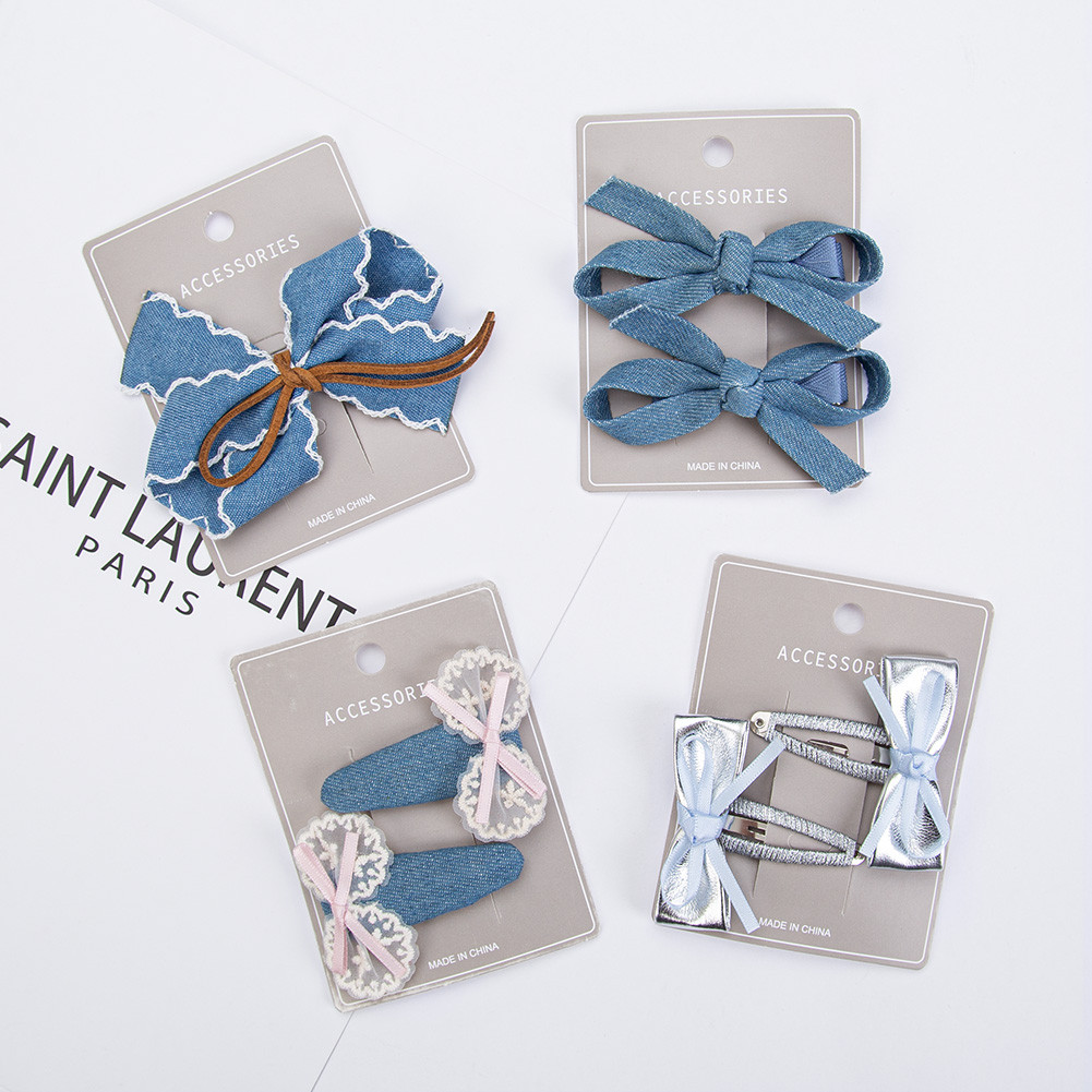 1ชุด กิ๊บแฟชั่นเด็กกิ๊บเดนิมโบว์กิ๊บติดผมสีเงิน