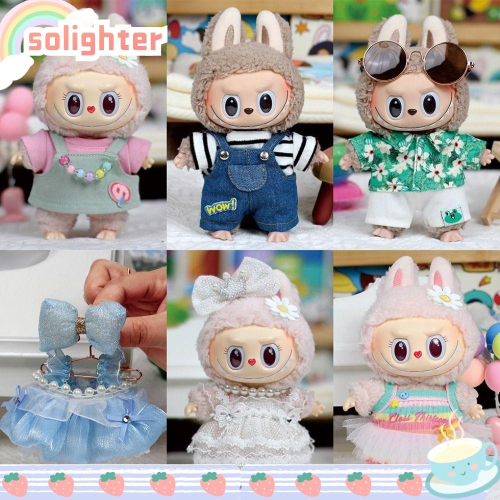 Solighter 17 ซม. Labubu ตุ๊กตาเสื้อผ้าน่ารักน่ารัก DIY กระโปรงเสื้อยืด Overalls ชุด, ของขวัญเด็กน่ารักน่ารักคุณภาพสูงชุด