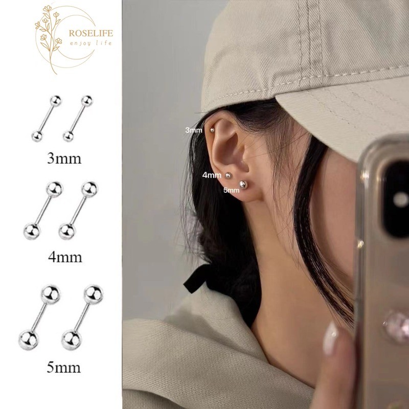 Roselife S925 เงิน Minimalist Cool อเนกประสงค์ Unisex Tiny Ball สกรูต่างหูผู้หญิงผู้ชาย Hypoallergenicity สวมใส่ทุกวันเลือกฟรีหู Studs อุปกรณ์เครื่องประดับ