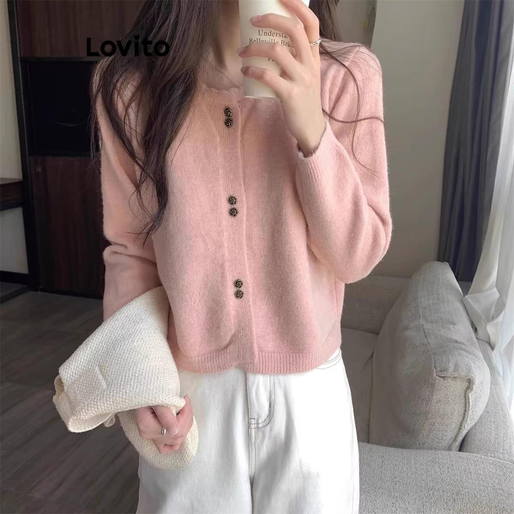Lovito เสื้อคาร์ดิแกนกระดุมธรรมดาหรูหราสำหรับผู้หญิง LNE77182