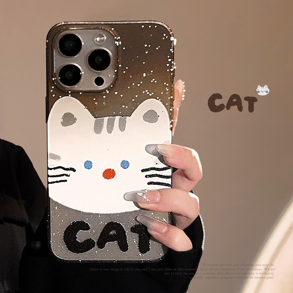 สีดําบางแฟลชน่ารักหน้าใหญ่แมวสีขาวหล่นหลักฐานเคสโทรศัพท์tpuสําหรับapple iphone 11 12 13 14 15 16 pro max plus