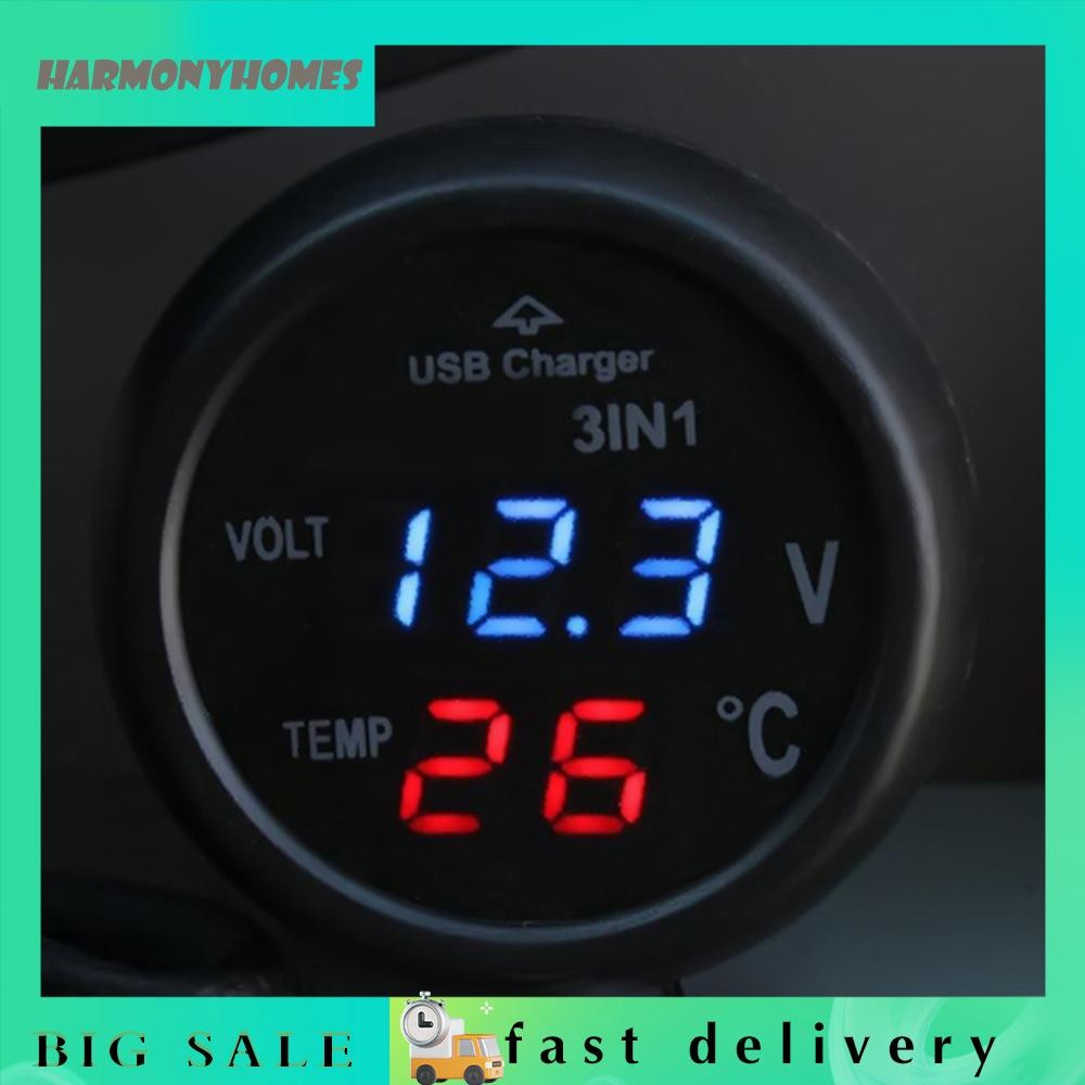 [harmonyhomes.ph.th] 3 in 1 12/24V Car Auto LED Digital Voltmeter Gauge+Thermometer+เครื่องชาร์จ USB