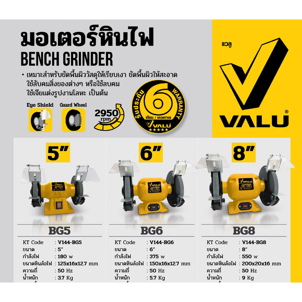 VALU มอเตอร์หินไฟ มอเตอร์หินเจียร ขนาด 5 - 6 - 8 นิ้ว เหมาะสำหรับงาน ขัด เจีย ตกแต่ง