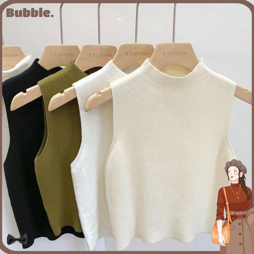 เสื้อกล้าม ,เสื้อกั๊กถักสีทึบแขนกุด,Elegant Slimming Half-turtleneck Teesเสื้อยืดผู้หญิง