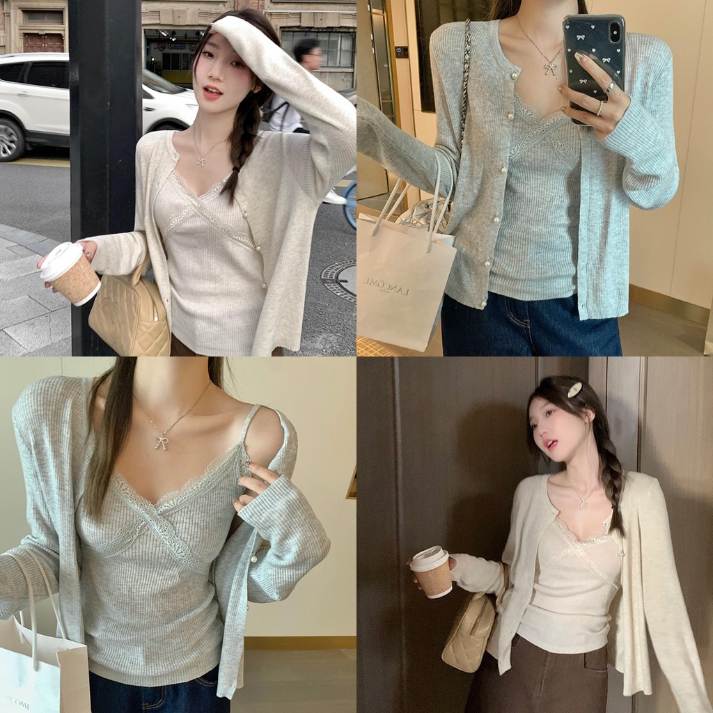 Evelyn เสื้อสายเดี่ยว ไหมพรม+เสื้อคลุมแขนยาว สีพื้น แต่งลูกไม้ สไตล์ลำลอง เกาหลี น่ารักๆ ส่งไวจากไทย#H037