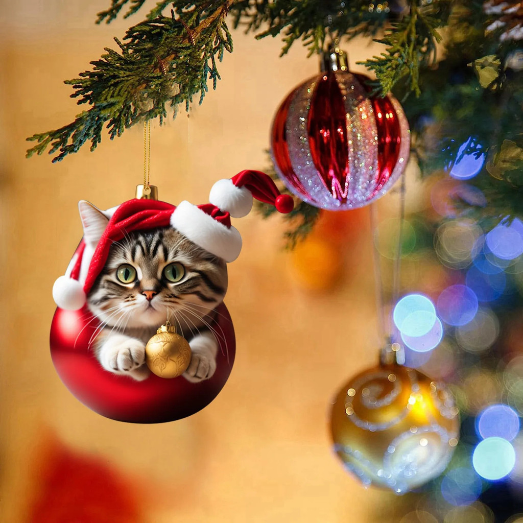 เครื่องประดับแมวคริสต์มาสอะคริลิคแมว Santa หมวกจี้น่ารักการ์ตูนแมวเครื่องประดับ 2D แบน Kitty Xmas Tree แขวนตกแต่ง