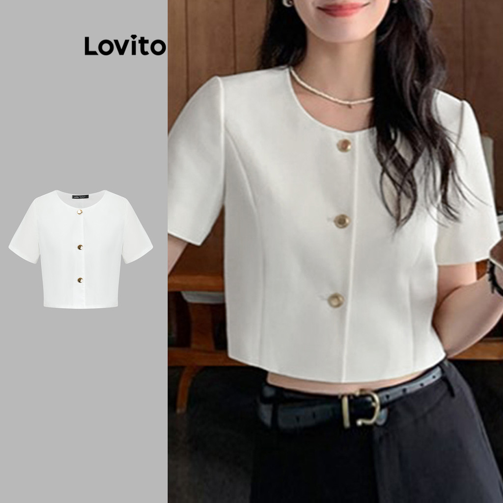 Lovito เสื้อเบลาส์กระดุมธรรมดาหรูหราสำหรับผู้หญิง L99ED039