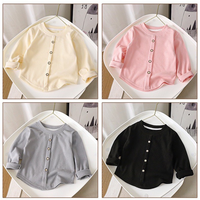 สาวหวานเสื้อยืดแขนยาวฤดูใบไม้ผลิและฤดูใบไม้ร่วงใหม่เสื้อสวมหัว Bottoming เสื้อเด็กแฟชั่นปุ่มยืดหยุ่น Warm Top FEI✨