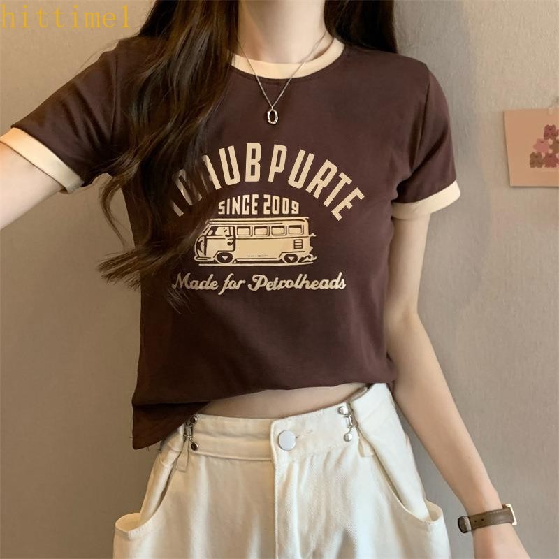 Hittime เสื้อยืดผ้าไหมนมสําหรับผู้หญิง 2024 ใหม่ตัดกันรอบคอสั้นด้านบน เสื้อยืดแขนสั้นสําหรับผู้หญิง HTTH