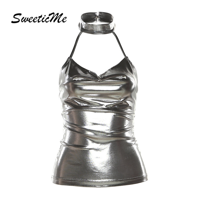 SweeticMe เสื้อกล้ามเชือกแขวนคอเซ็กซี่สีทึบแฟชั่นสตรี
