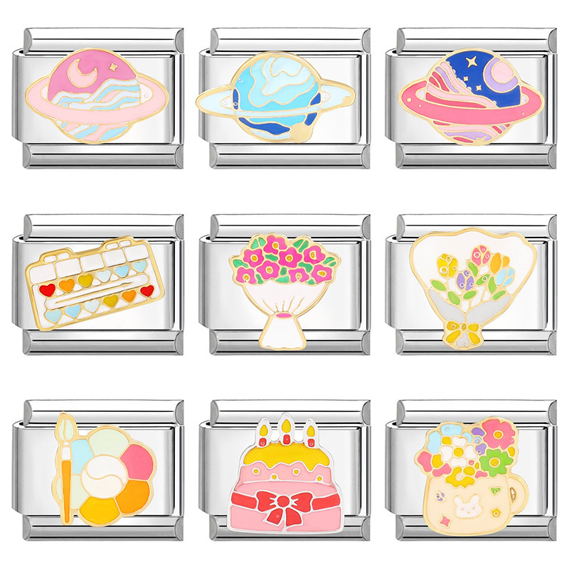 Pink Planet Italian Charm Links สําหรับสร้อยข้อมือแฟชั่นใหม่เพื่อนครอบครัว DIY โมดูลสร้อยข้อมือ Charm อิตาเลี่ยน Links Fit 9 มม.สร้อยข้อมือสแตนเลสเครื่องประดับ DIY ทํา