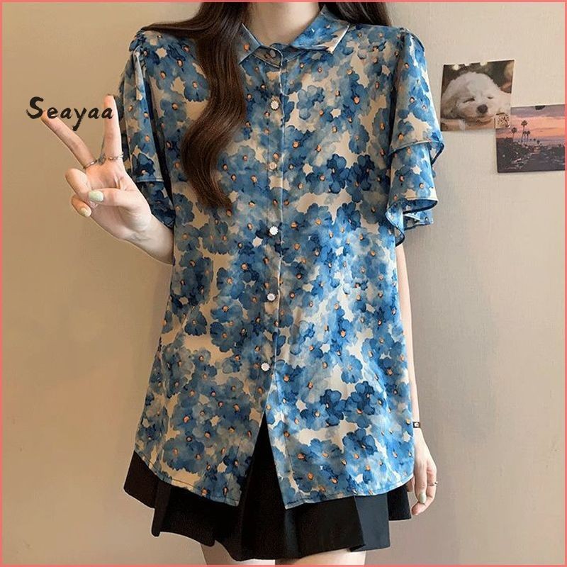 หวานพิมพ์เสื้อผู้หญิงฤดูร้อน High-end แขนสั้น Ruffled ขอบเสื้อ SY