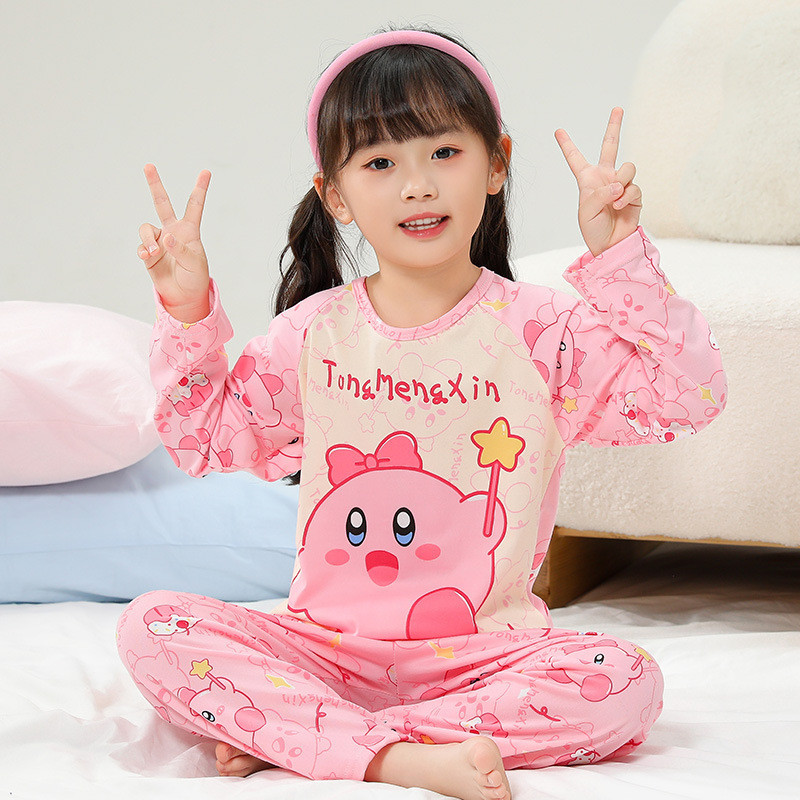 พร้อมสต็อก 115-155 ซม. ฤดูใบไม้ผลิฤดูใบไม้ร่วงสาวบางการ์ตูนแขนยาวชุดนอนชุดขนาดเล็กขนาดกลางเด็กรอบคอเสื้อสวมหัวสบาย ชุดบ้าน